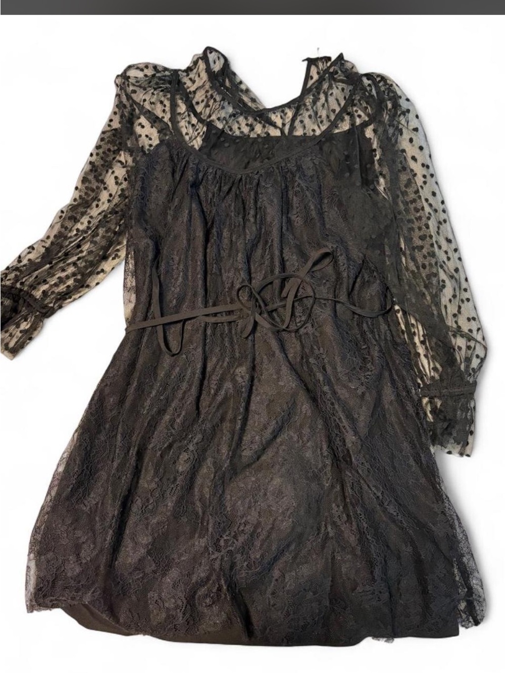 Loft Black Lace Dress with Polka Dot Mesh Sleeves